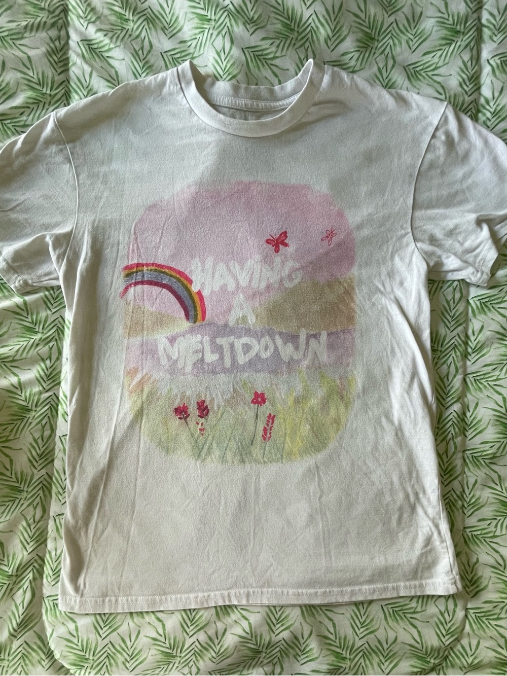 White Graphic Tee with Pastel Rainbow "Having a Meltdown"